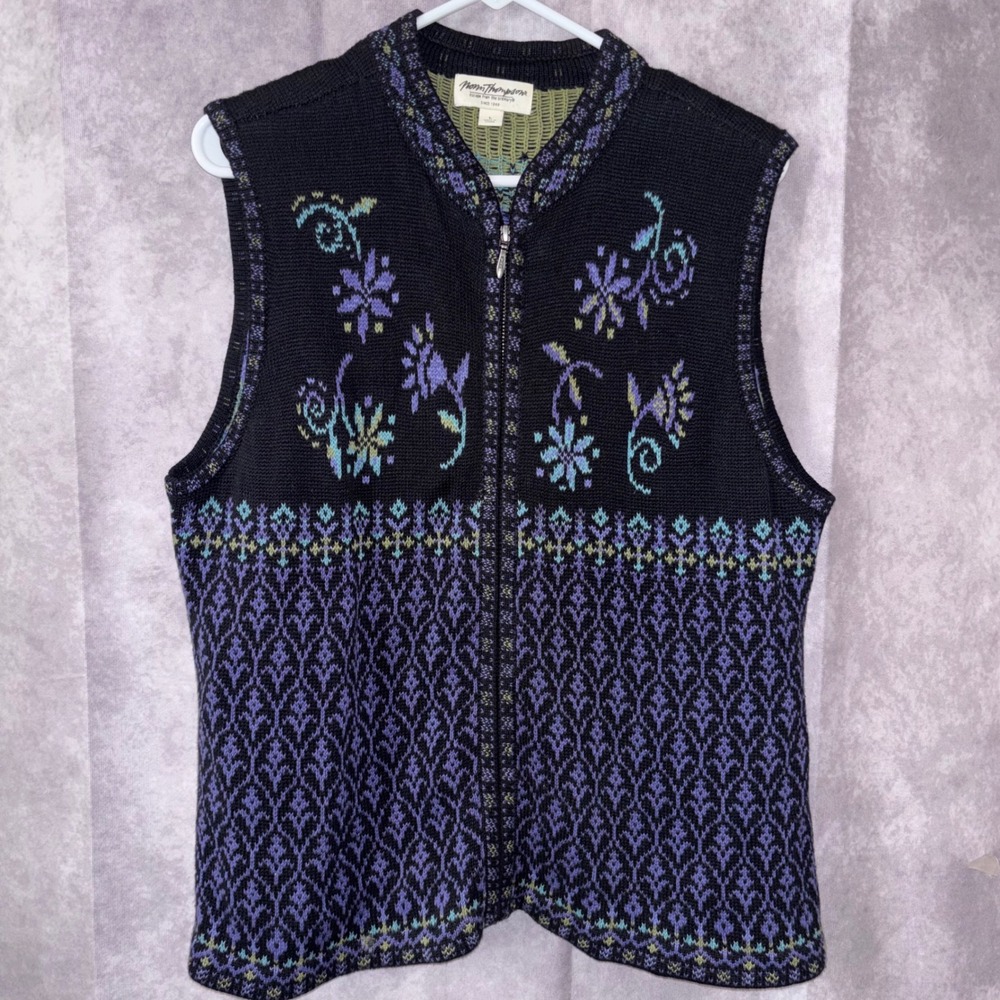 Norm Thompson Women Large Floral‎ Knit Sweater Vest Black Purple Full Zip Granny